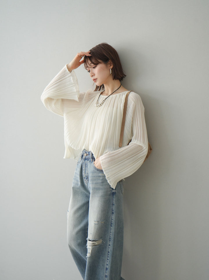 [SET]プリーツシアーフレアスリーブニットトップス+ダメージデニムセミワイドパンツ(2set)