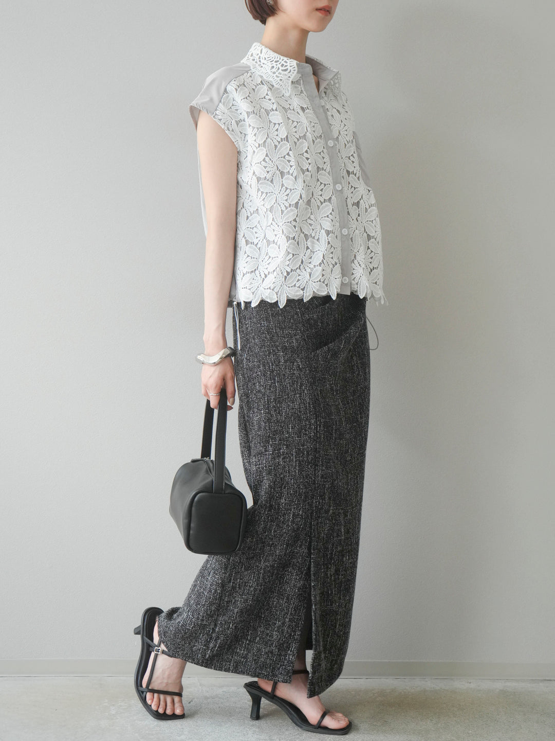 [予約]サマーツイードタックサイドスリットスカート/ブラックホワイト