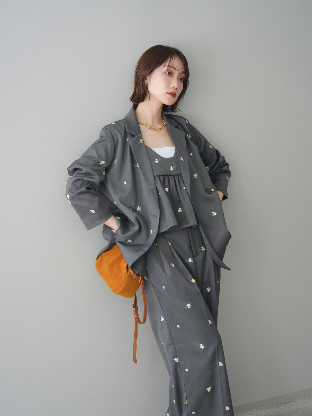 [予約]フラワー刺繍テーラードジャケット/gray