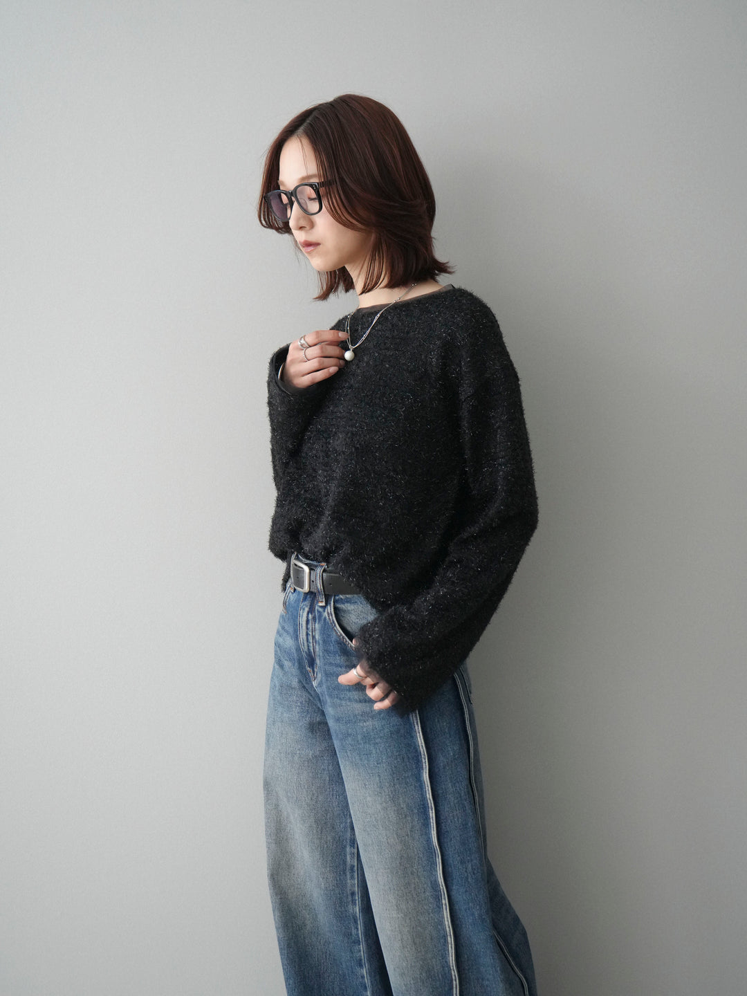 [SET]ラメシャギートップス+サイド切替カーブデニムパンツ(2set)