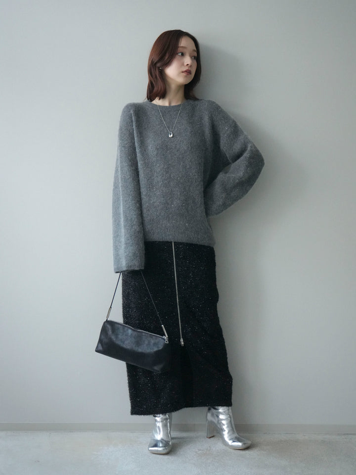 [SET]アンゴラタッチクルーネックニットプルオーバー+ラメシャギーフロントジップスカート(2set)