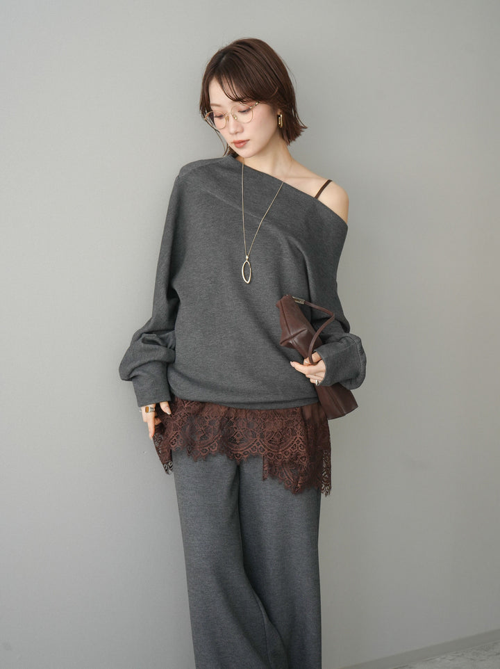 [SET]アシンメトリーオフショルポンチプルオーバー+レーストリムキャミソール(2set)