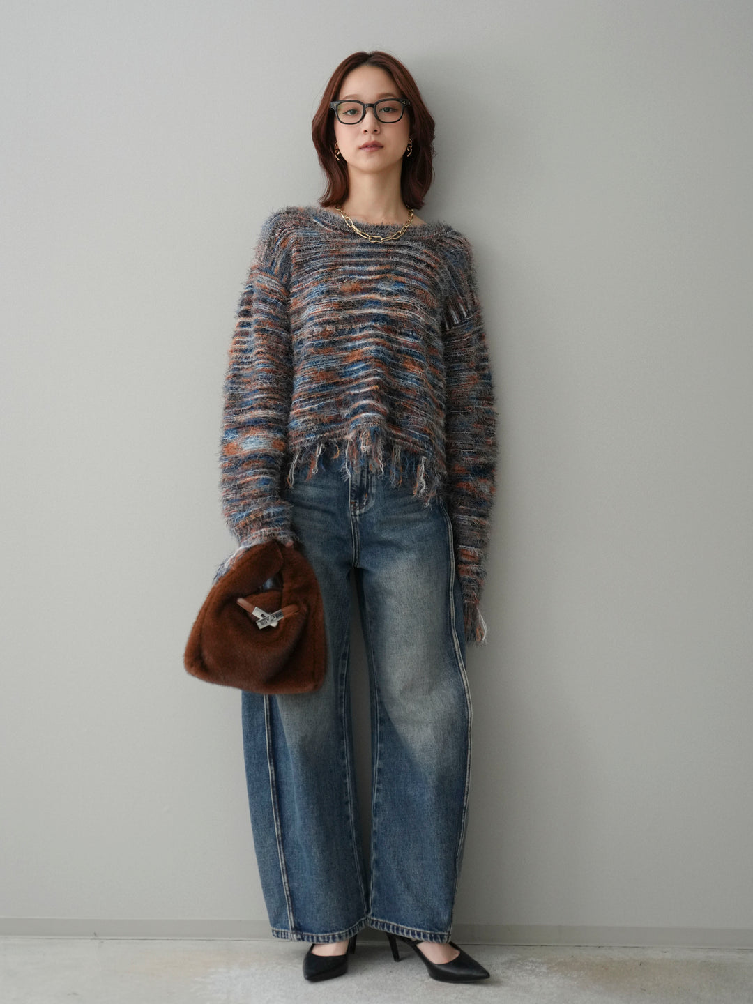 [SET]裾フリンジミックスヤーンシャギープルオーバー+サイド切替カーブデニムパンツ(2set)