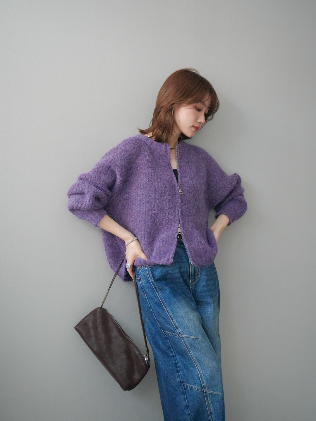 [予約]MIXヤーンモヘアタッチZIPニットカーディガン/purple