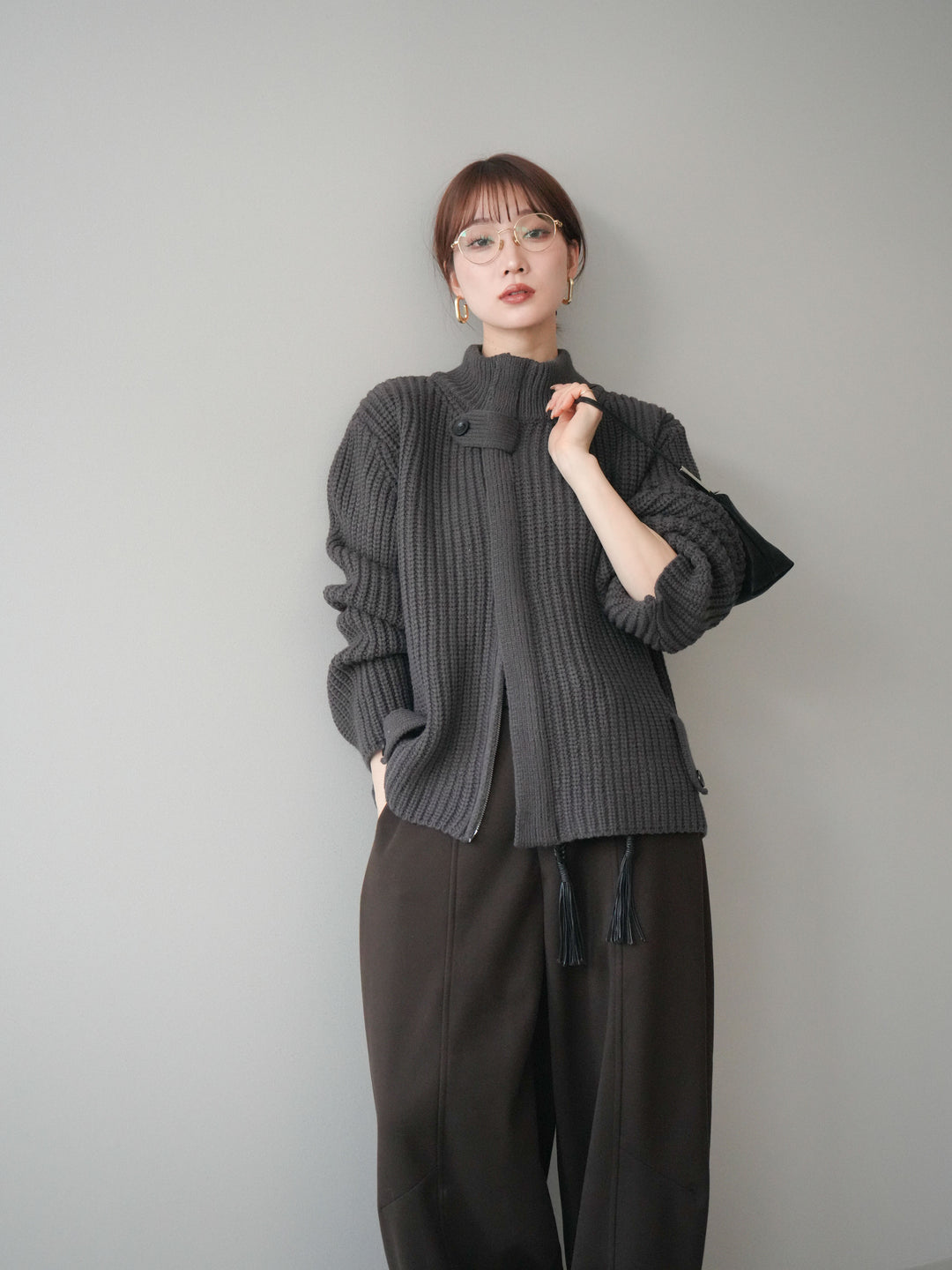 [SET]畦編みボトルネックZIPニットカーディガン+選べるアクセセット(2set)