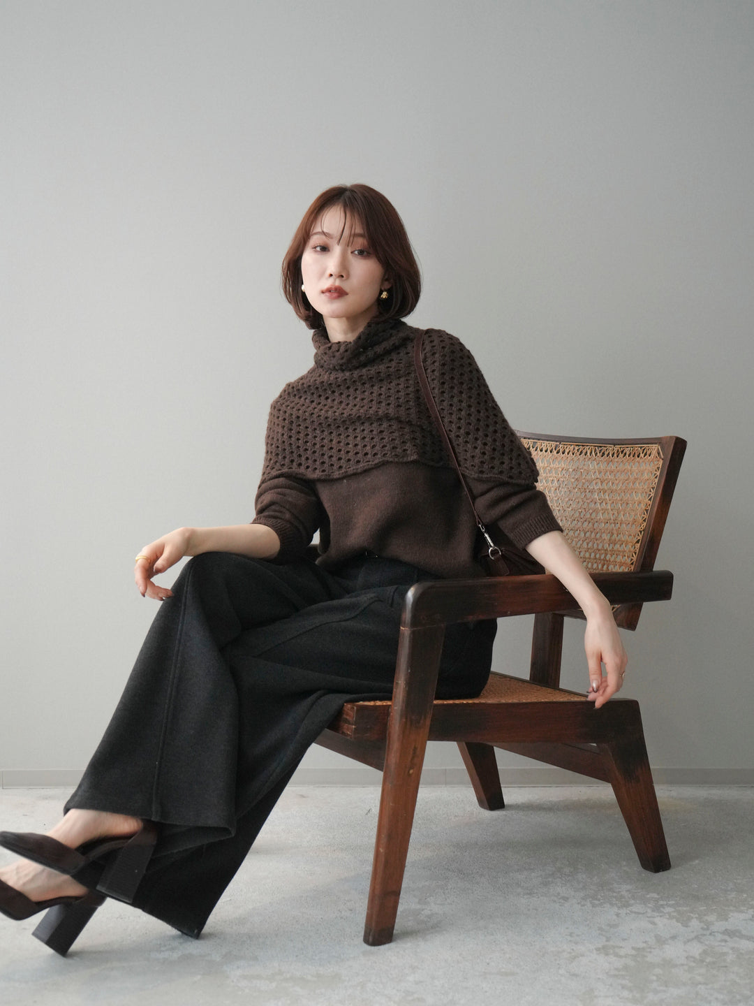 [予約]メッシュケープアンサンブルニットプルオーバー/brown
