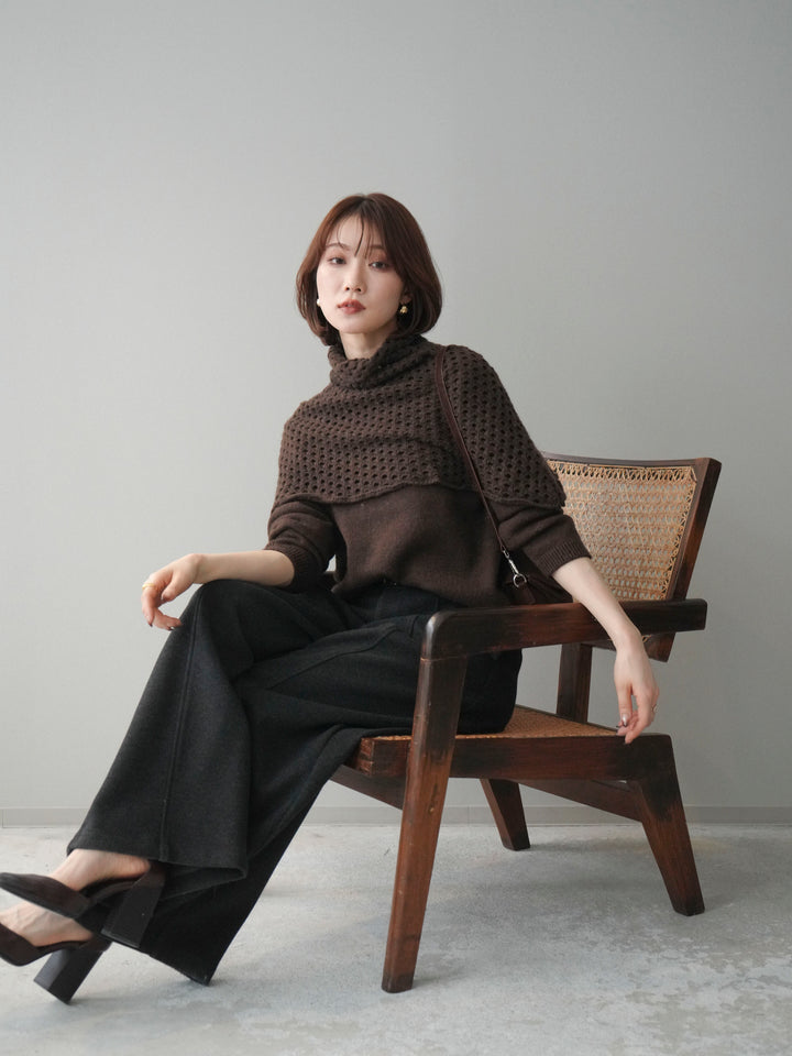 [予約]メッシュケープアンサンブルニットプルオーバー/brown