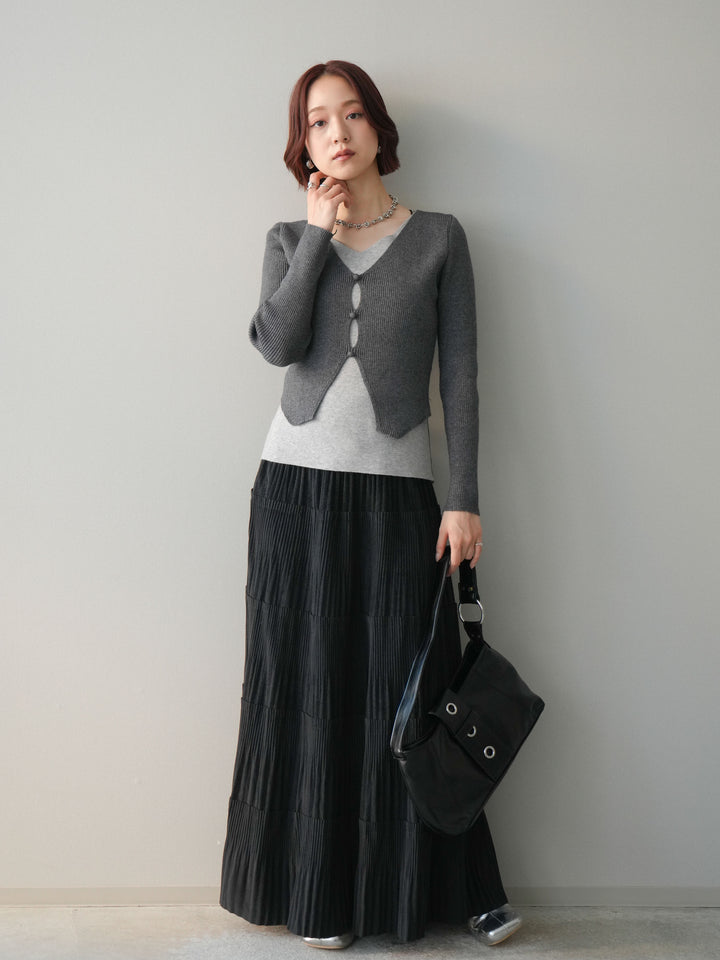 [SET]Vネック配色レイヤードスリットニットトップス+型押しスエードティアードプリーツスカート(2set)