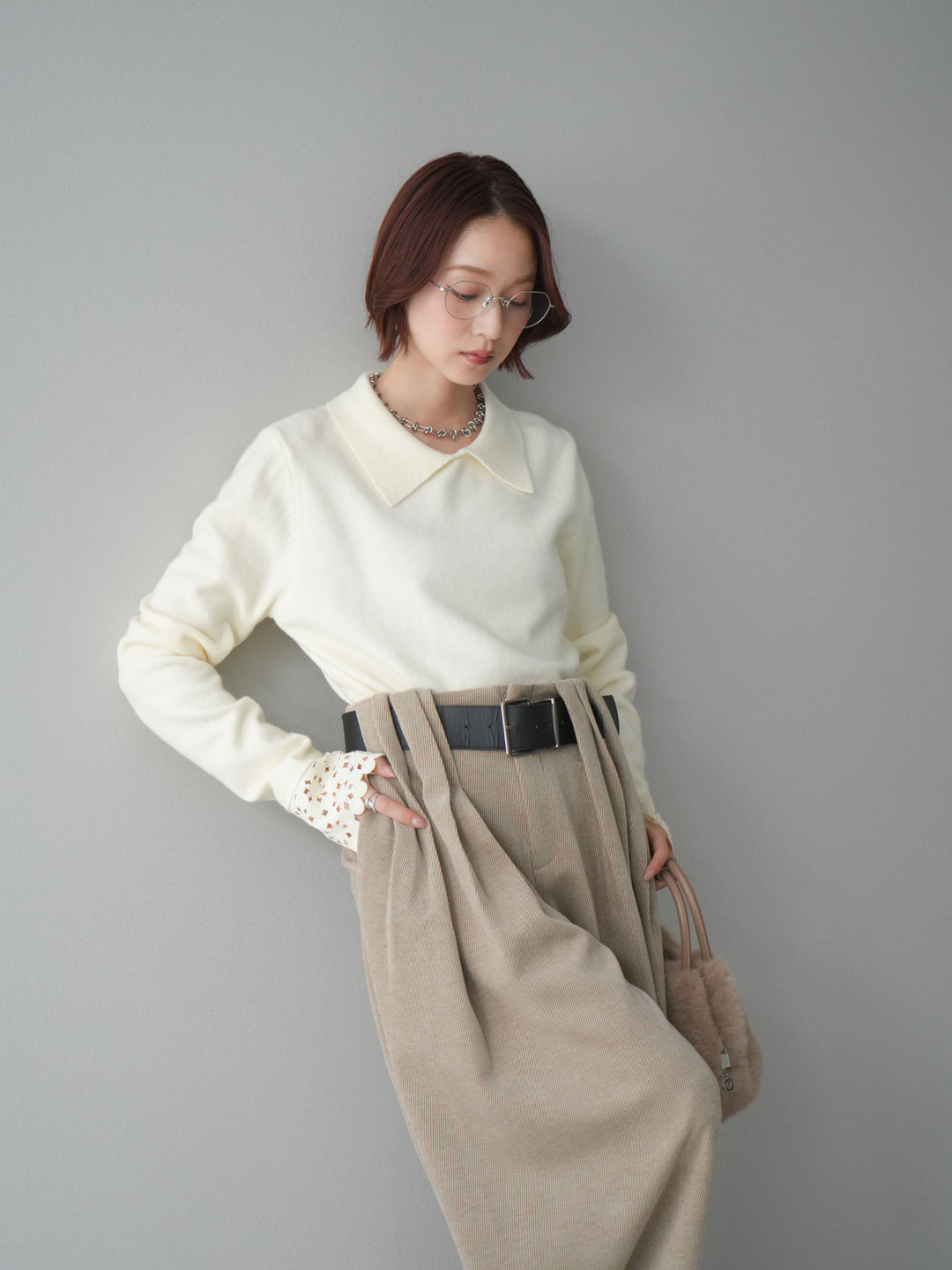 [SET]スカラップレース袖襟付きニットトップス+選べるアクセセット(2set)