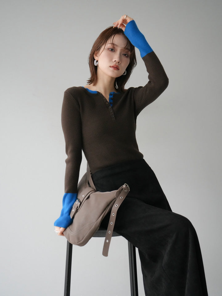 [1]ヘンリーネック配色リブニットトップス/ブラウン