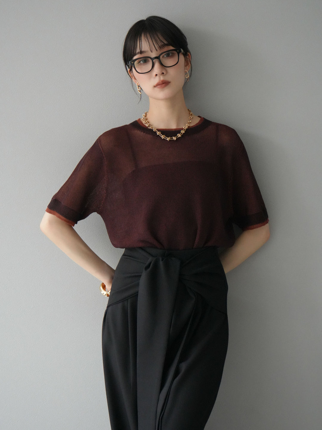 [SET]リネンタッチ配色二重臼ハーフニットトップス+ウエスト巻きデザインワイドパンツ(2set)