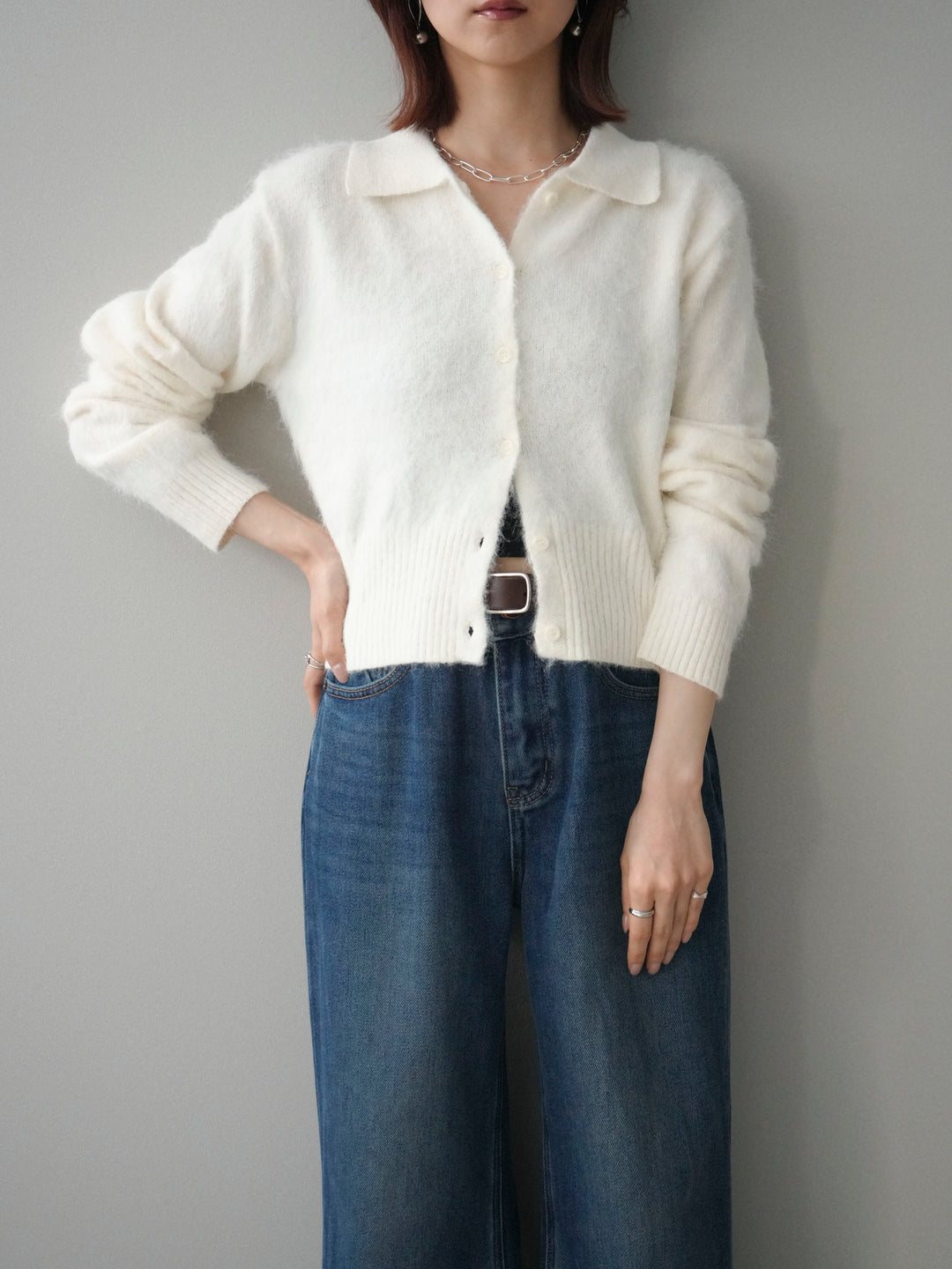 [SET]モヘア衿付きボタンプルオーバー+裏起毛裾フリンジワイドデニムパンツ(2set)