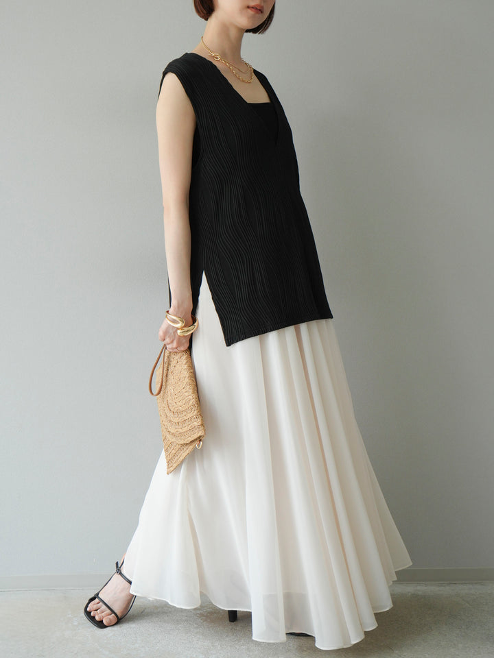 [SET]ウェーブパイピングVネックベスト+シフォンフレアスカート(2set)