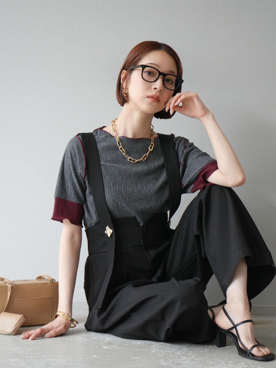 [SET]プリーツ配色ボートネックプルオーバー+ゴールドボタンサスペンダーワイドパンツ(2set)