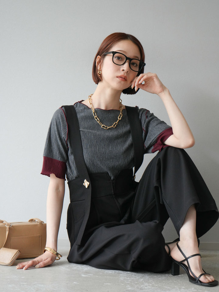 [SET]プリーツ配色ボートネックプルオーバー+ゴールドボタンサスペンダーワイドパンツ(2set)