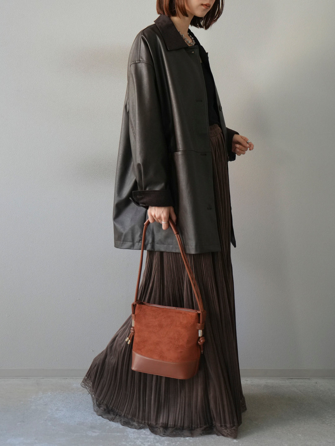 [予約]コーデュロイ襟レザーステンカラージャケット/ブラウン