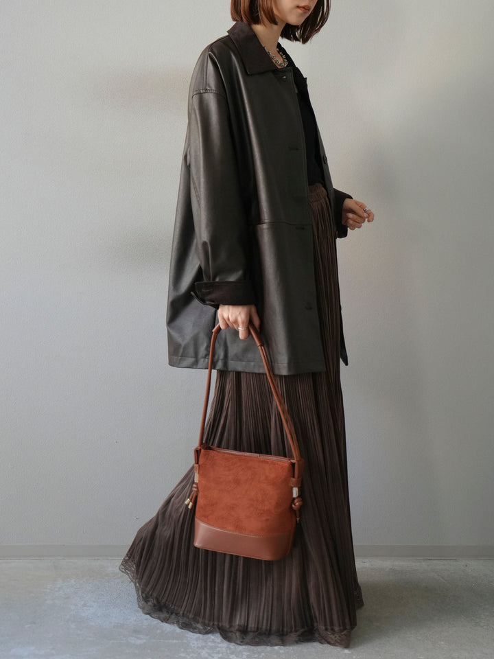 [予約]コーデュロイ襟レザーステンカラージャケット/ブラウン