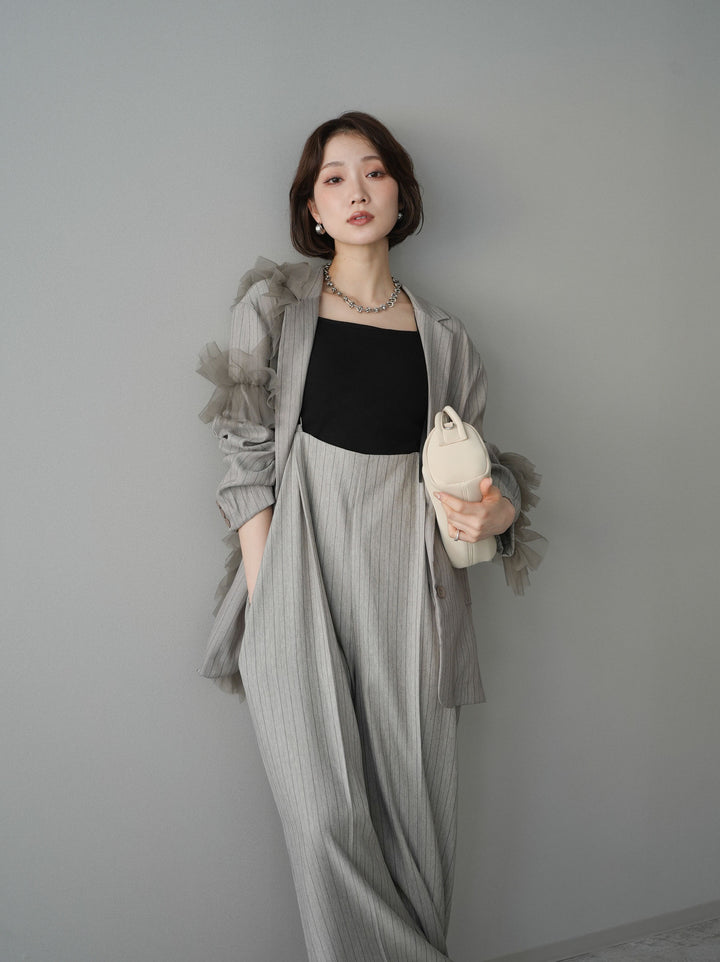 [予約]アシンメトリーチュールストライプジャケット/greige