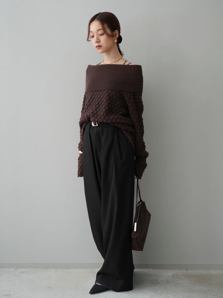 [SET]ポコポコ編みオフショルニットプルオーバー+ベルトループデザインワイドパンツ(2set)