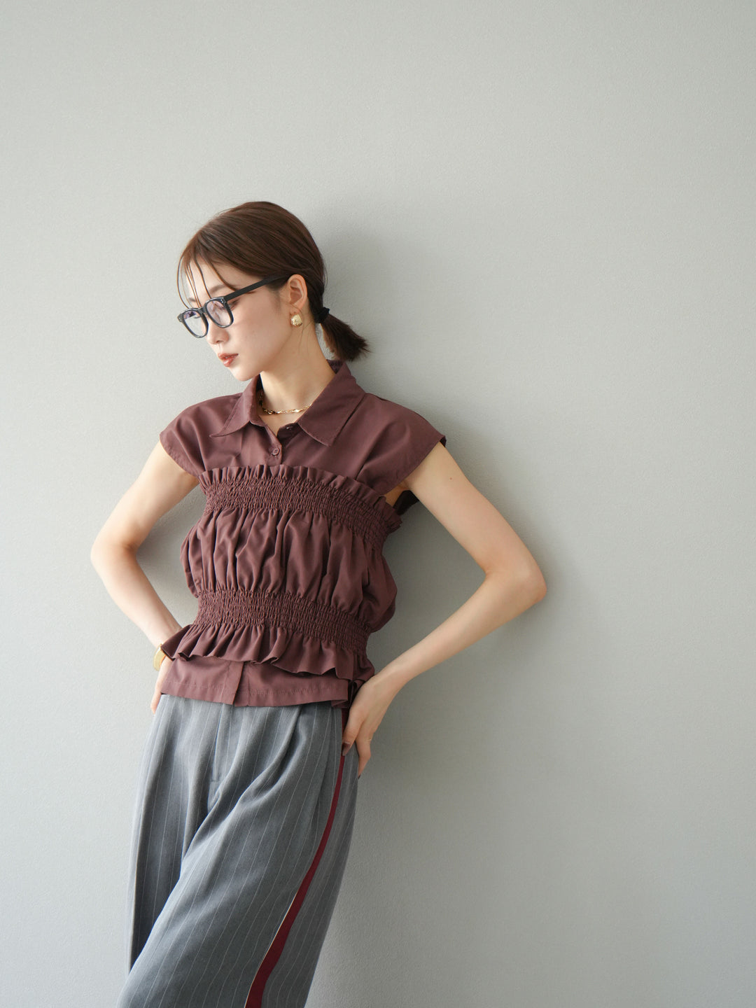 [予約]サイドラインストライプワイドパンツ/グレー