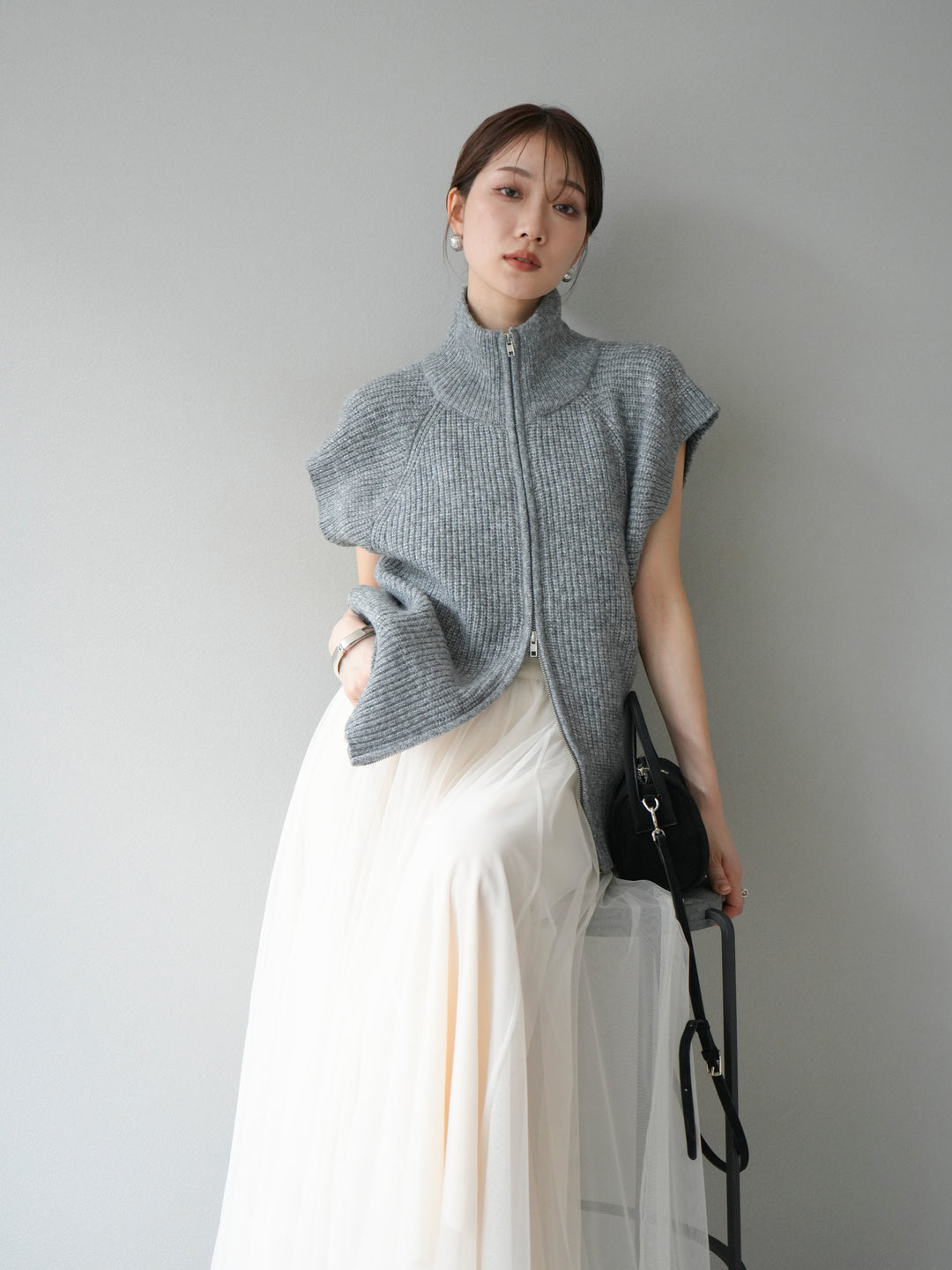 [予約]ダブルZIPハイネック畦編みニットベスト/杢グレー