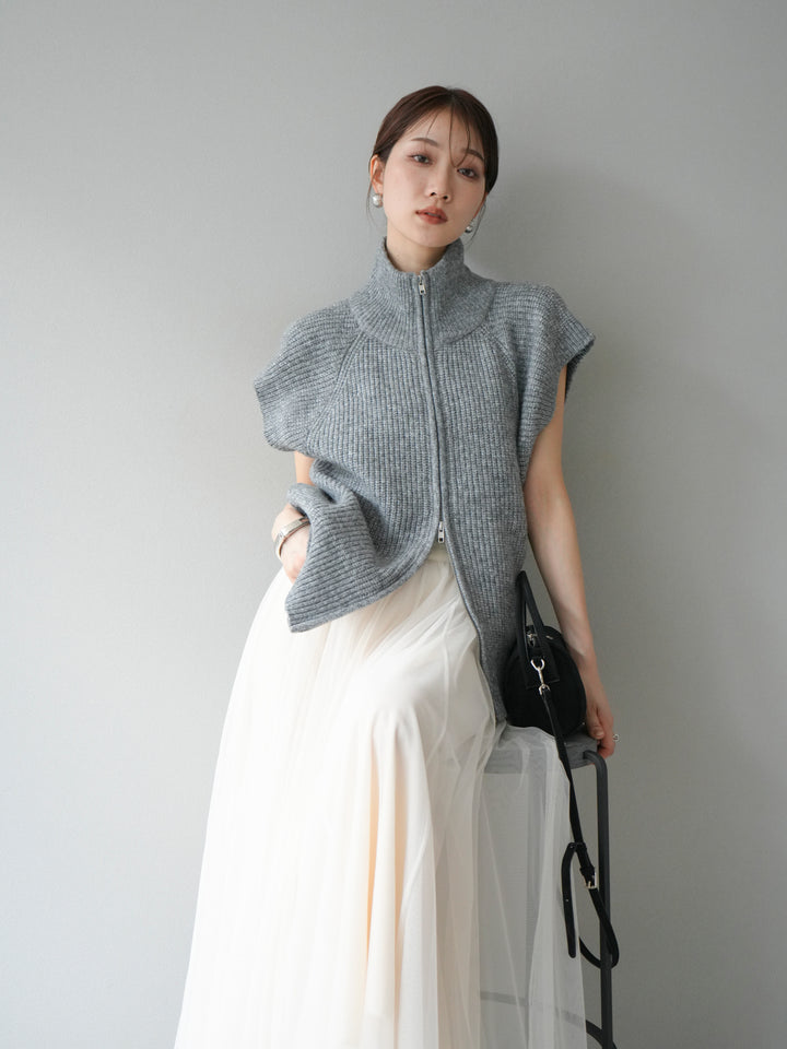 [予約]ダブルZIPハイネック畦編みニットベスト/杢グレー