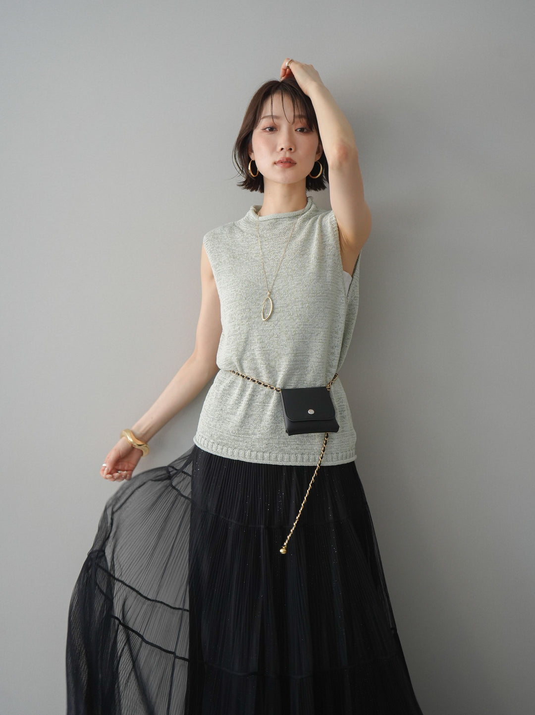 [予約]ノースリーブリネンタッチシアーニットプルオーバー/green