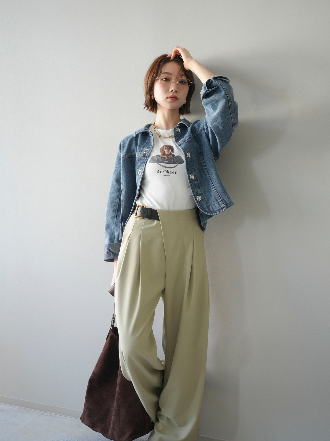 [SET]ラウンドカットコンパクトデニムジャケット+ドッグコンパクトTEE+アシンメトリーベルトタックワイドパンツ(3set)