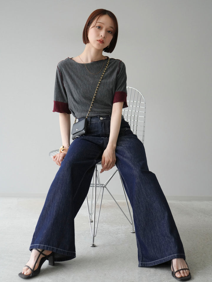 [SET] 百褶同色船領套頭衫 + 臀部設計牛仔褲（2 件組）