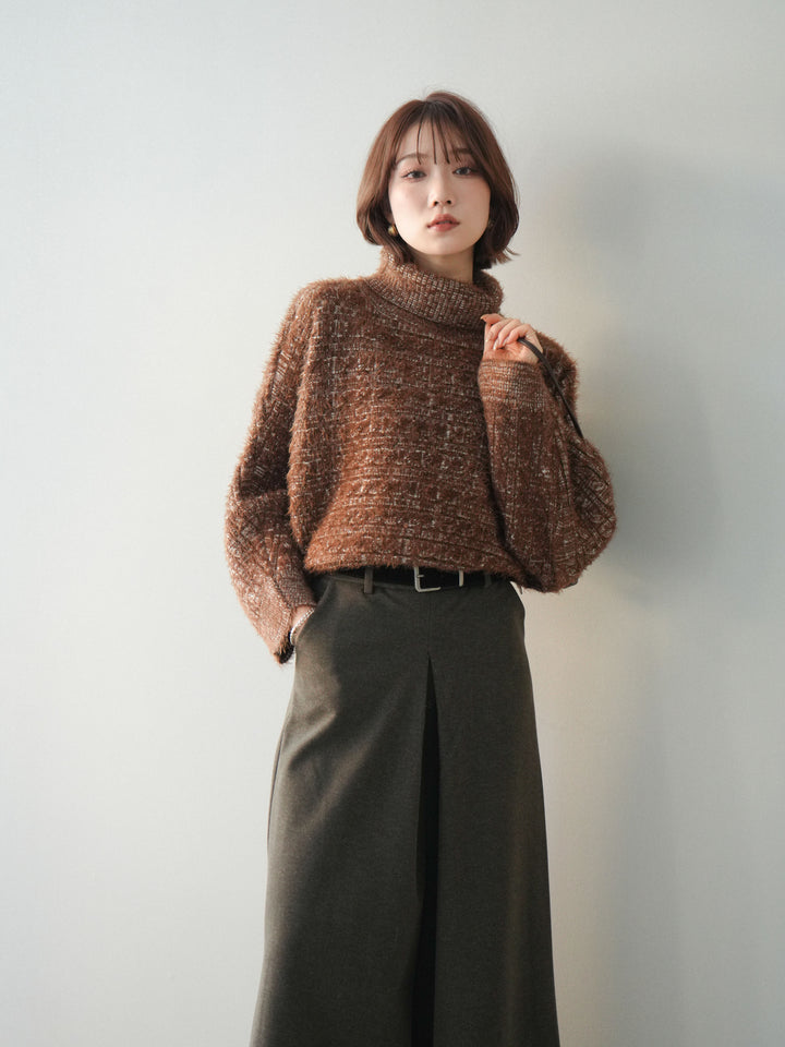 [予約]オフタートルケーブル編みニットプルオーバー/brown