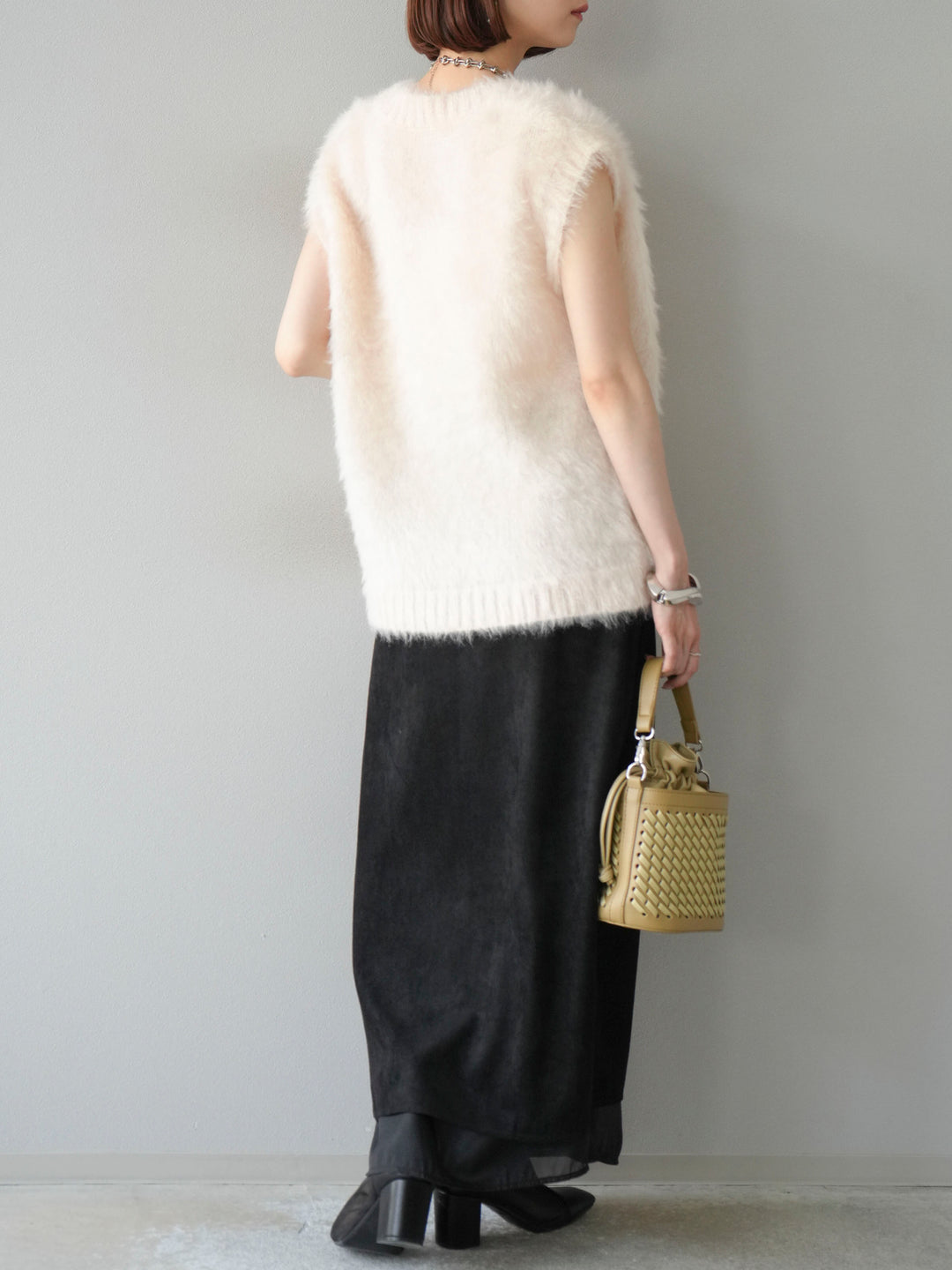 [予約]サイドスリットスウェードドッキングシフォンスカート/ブラック