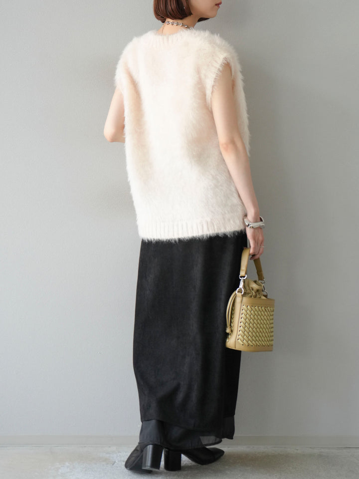 [予約]サイドスリットスウェードドッキングシフォンスカート/ブラック