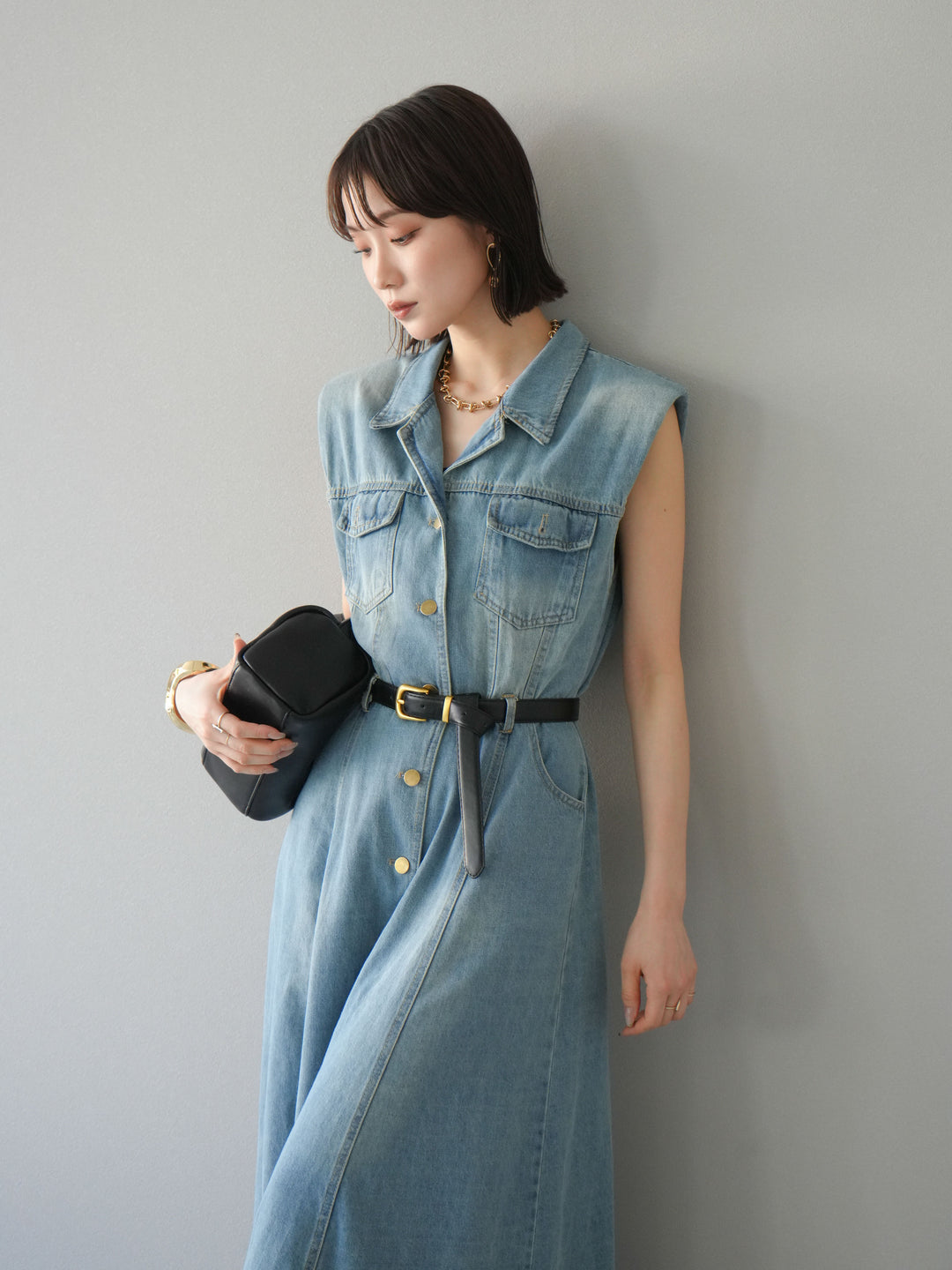 [予約]ベルト付デニムシャツデザインワンピース/ライトブルー