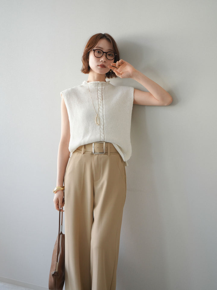 【套裝】開襟針織上衣+銀色搭扣垂褶闊腿褲（兩件套）