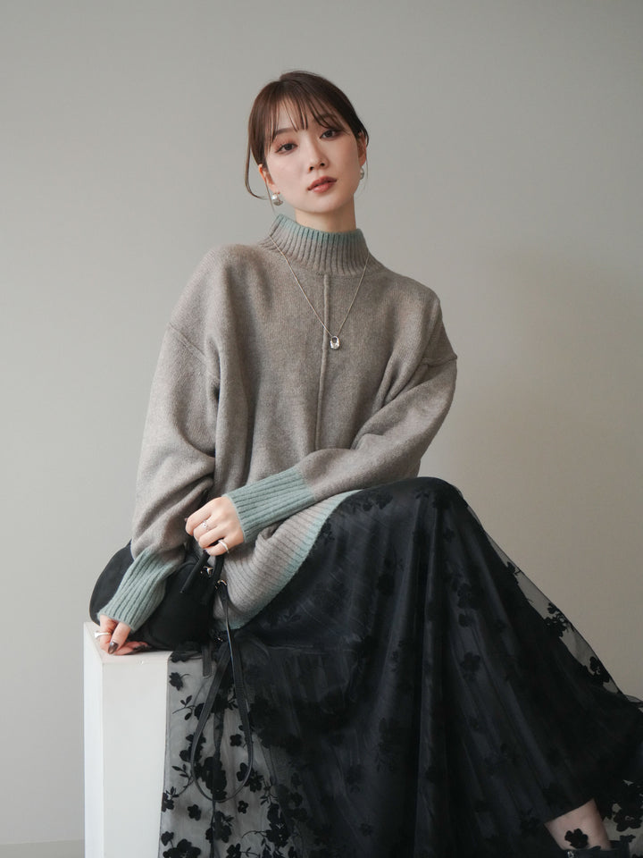 [SET]配色ハイネックニットプルオーバー+選べるアクセセット(2set)