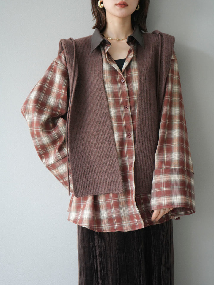 [予約]レザー襟オンブレチェックオーバーシャツ /レッド
