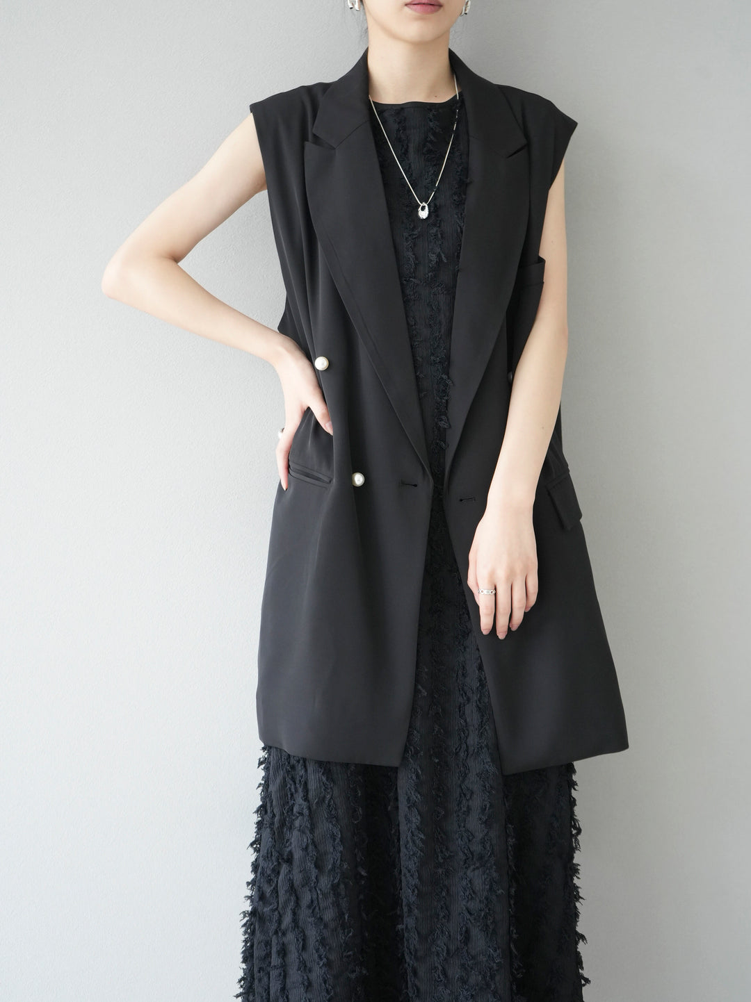 [Pre-order] Fringe Jacquard Stretch Sleeveless Dress/Black