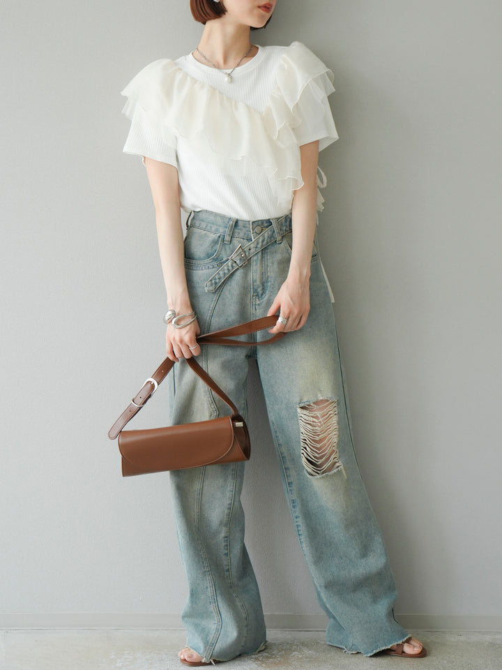 [予約]アシメフリルドッキングカットソー/オフホワイト