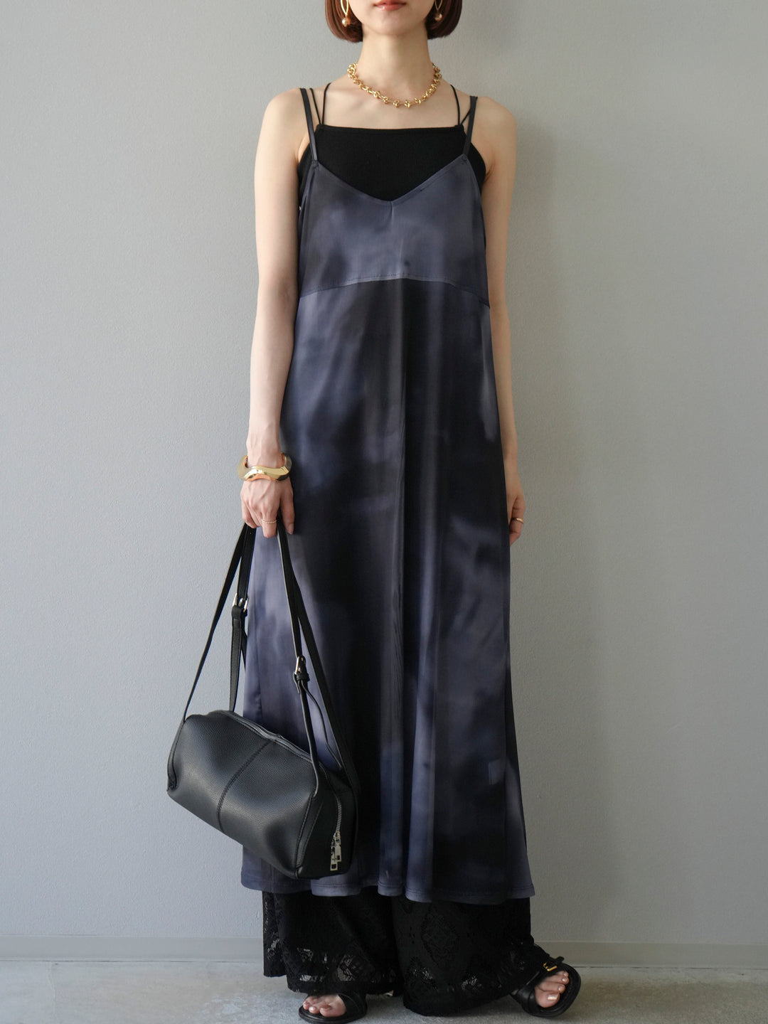 [予約タイダイ柄シアーキャミワンピース/モノトーン