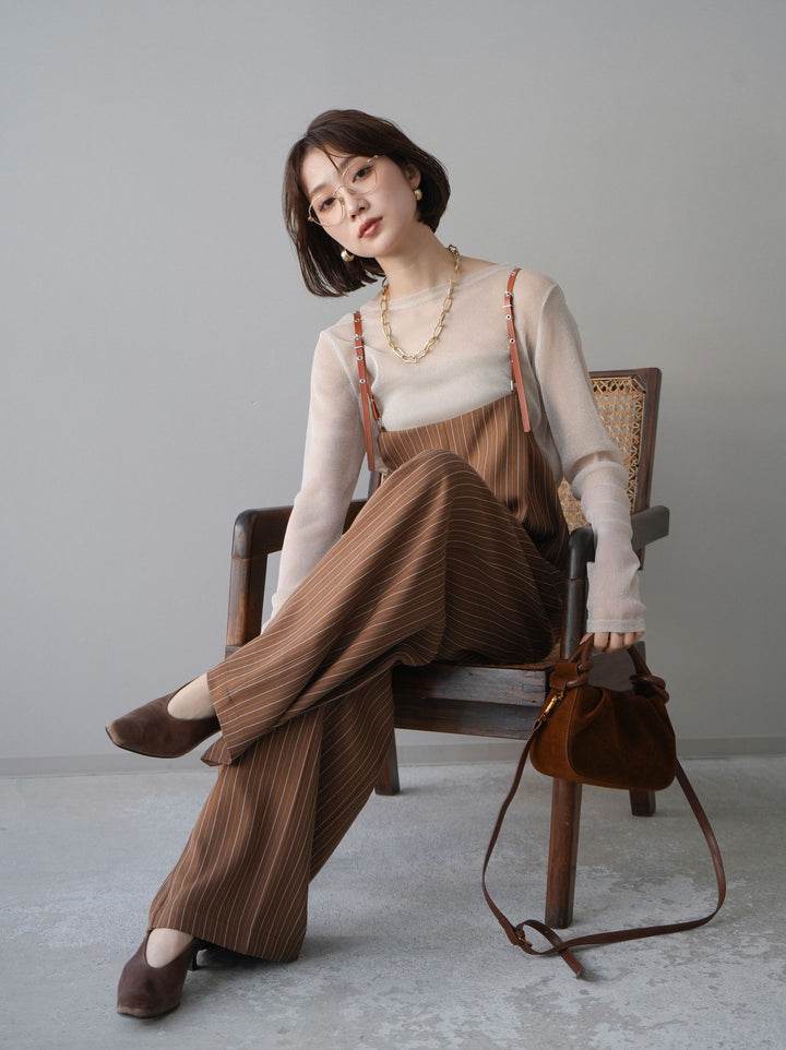 [予約]ヘリンボーンストライプサス付サロペット/goldbrown