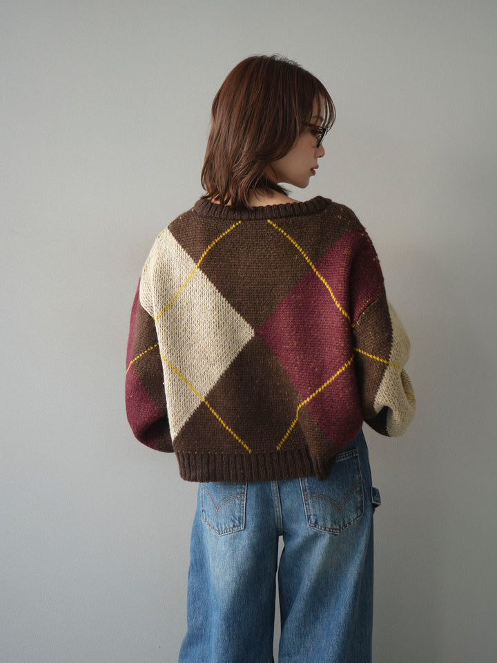 [予約]配色ステッチアーガイル柄ニットプルオーバー/brown