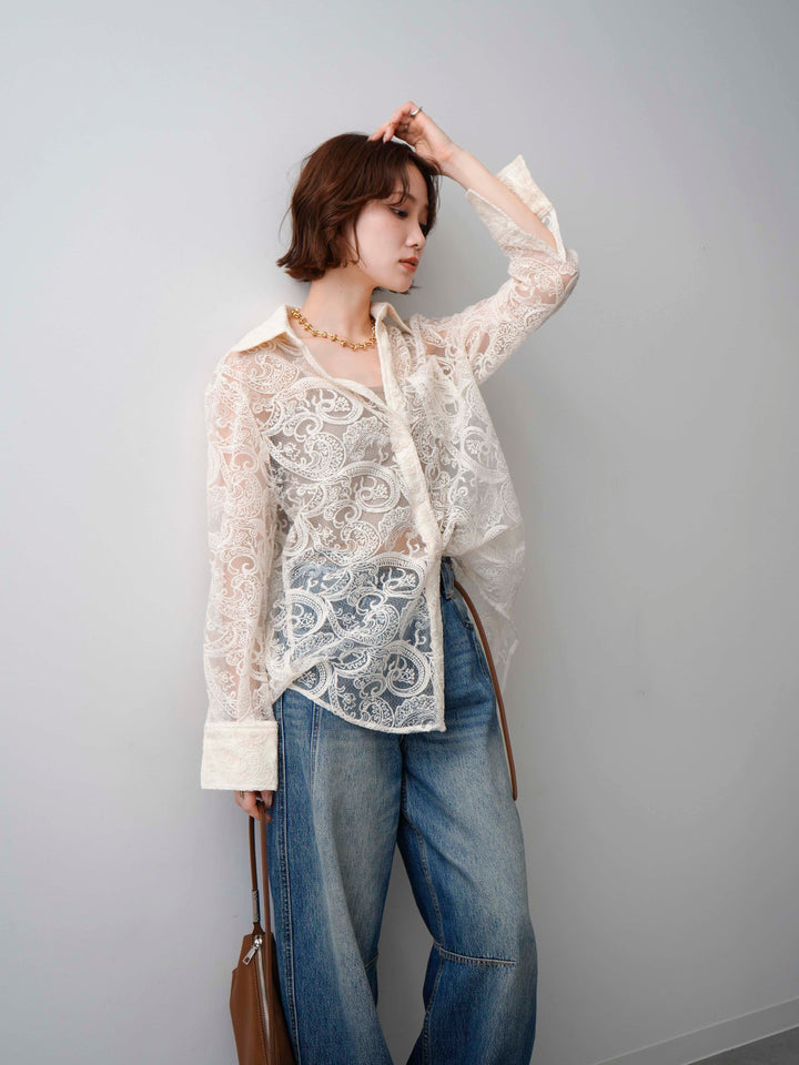 【套裝】薄紗佩斯利刺繡長袖襯衫+修身牛仔褲（兩件式）
