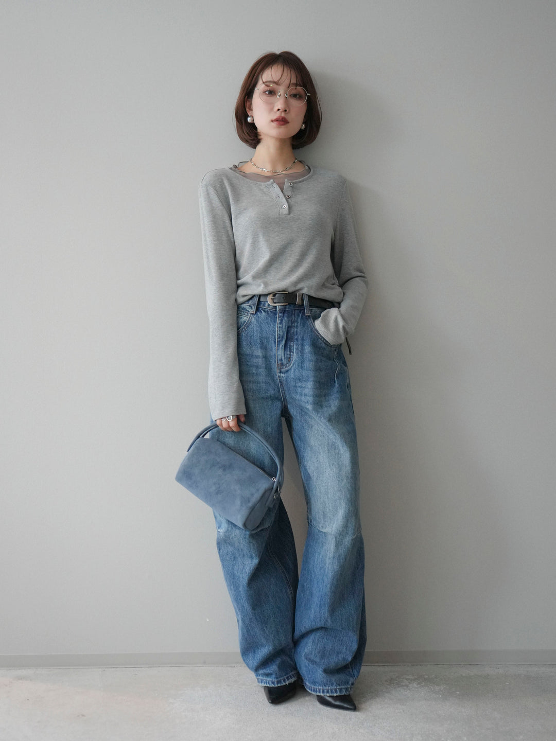 [予約]チュールレイヤードヘンリーネックカットソー/gray