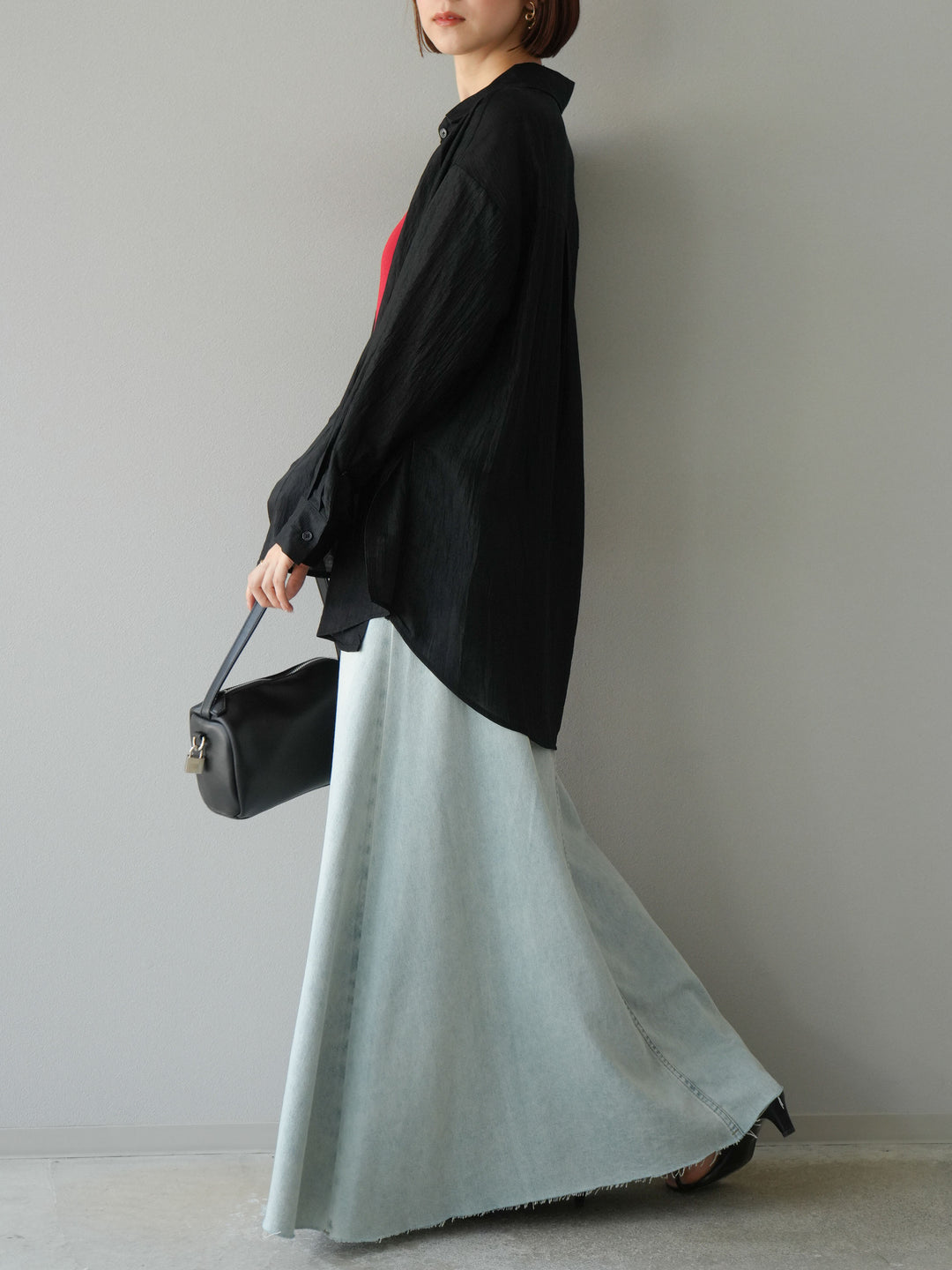 [予約]Aラインカットオフデニムスカート/ライトブルー