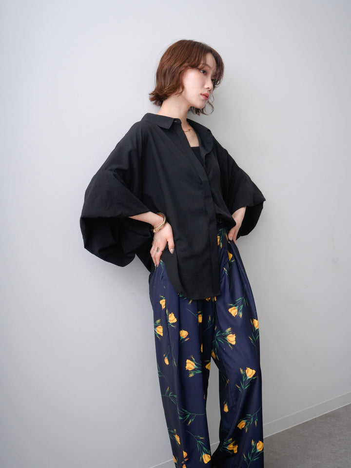 [SET]バルーンスリーブドレープブラウス+フラワープリントドレープタックパンツ(2set)