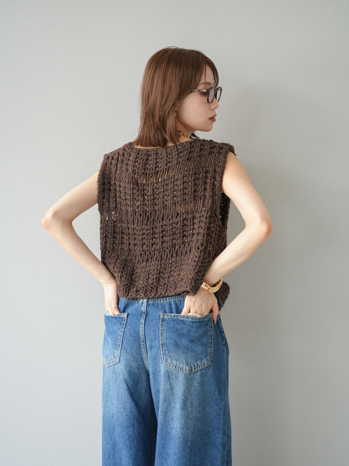 [予約]ミックスヤーンデザイン編みニットベスト/ブラウン