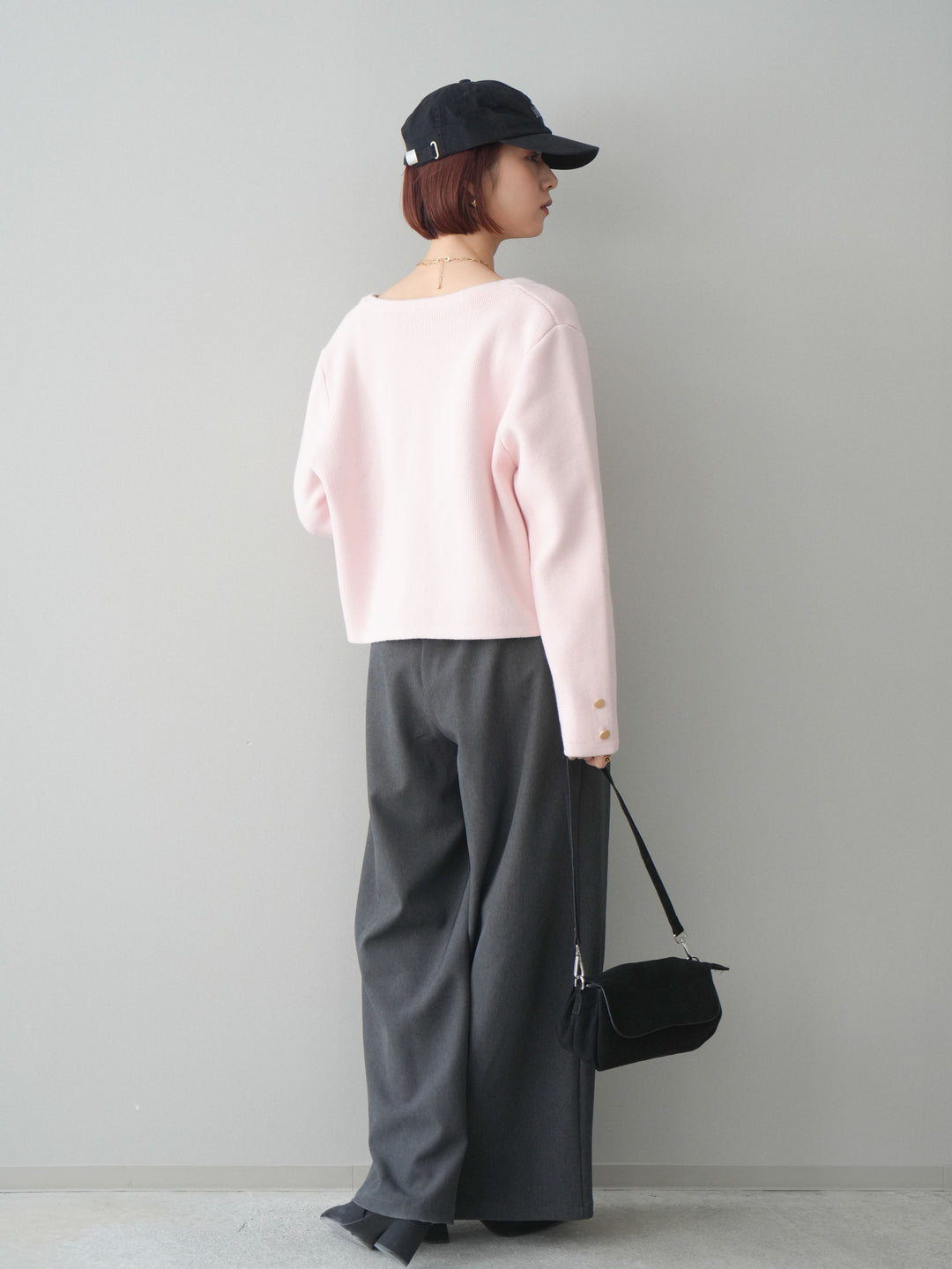 [SET]ゴールドボタンノーカラーニットジャケット+サテンベルトタックワイドパンツ(2set)