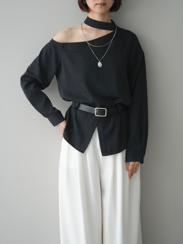 [SET]ベルト付ワンショルダースリットブラウス+編み込みベルト付タックワイドパンツ(2set)