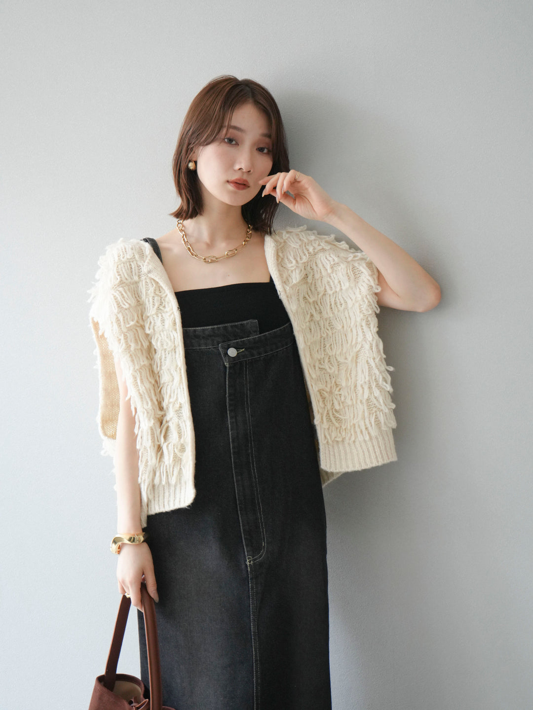 [SET]ループデザインベスト+アシンメトリーデニムワンピース(2set)