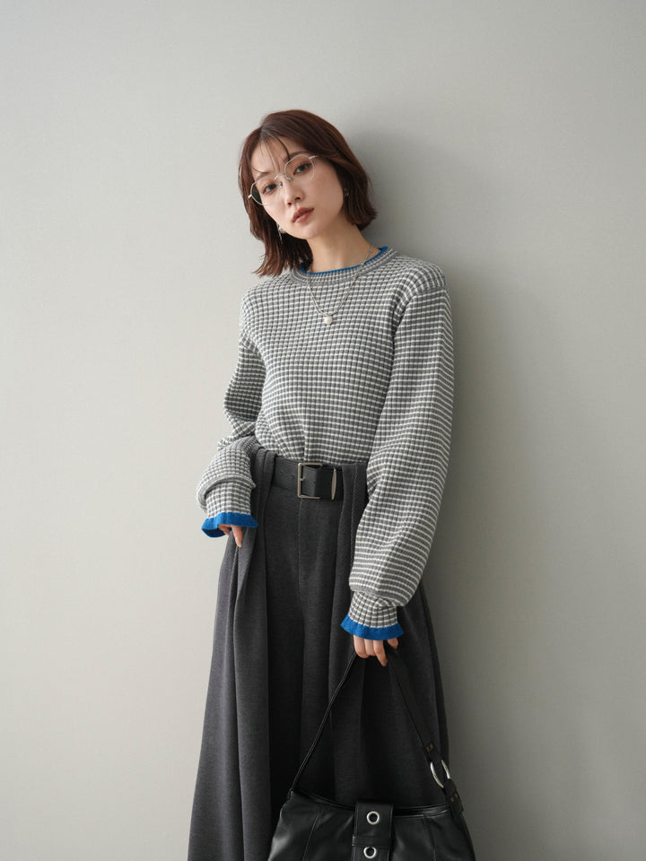 [予約]ラメ異素材ボーダーリブニットプルオーバー/charcoal×blue
